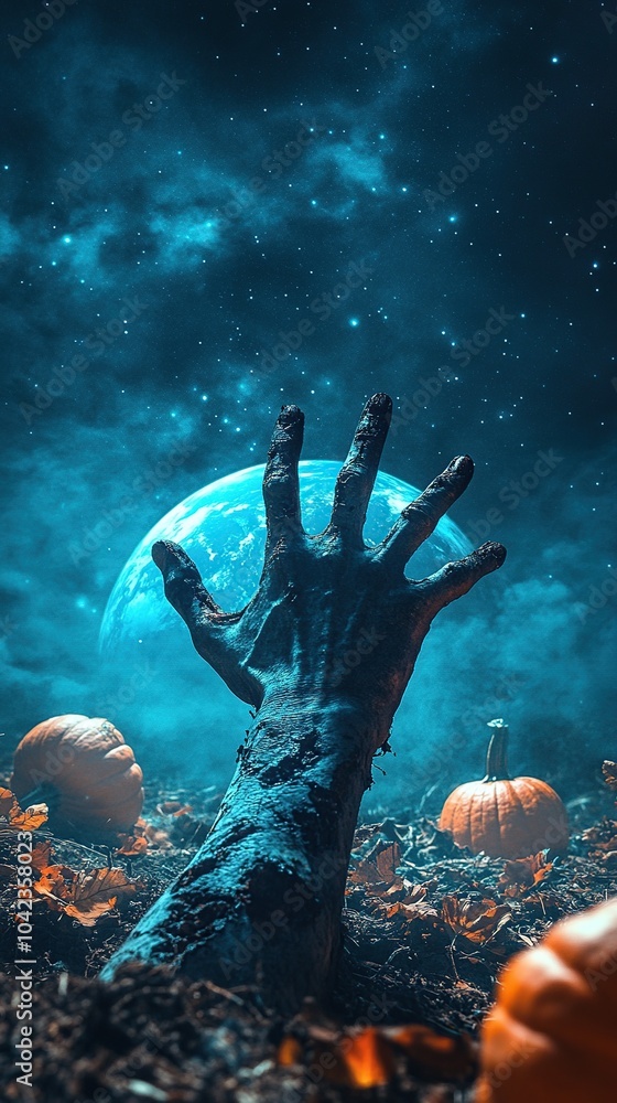 Fototapeta premium Scary halloween background with zombie hand reaching from ground to the moon in a pumpkin patch