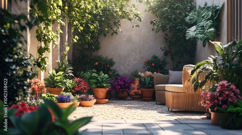 Fototapeta Naklejka Na Ścianę i Meble -  A refreshing garden patio with comfy seating and colorful plants in pots