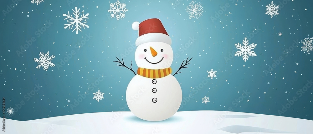 Fototapeta premium A cheerful snowman wearing a red hat and orange scarf stands on snowy ground with falling snowflakes in a blue winter background.