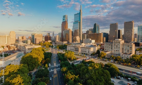 Benjamin Franklin Parkway and the downtown city skyline of Philadelphia, Pennsylvania, United States.