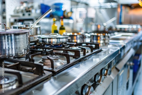 Close-up of a Commercial Gas Stove with Pots and a Ladle photo