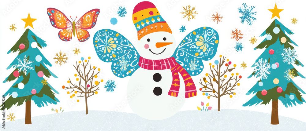 Obraz premium A cheerful snowman with colorful butterfly wings stands amidst snow-covered trees and festive decorations, set in a whimsical winter scene.