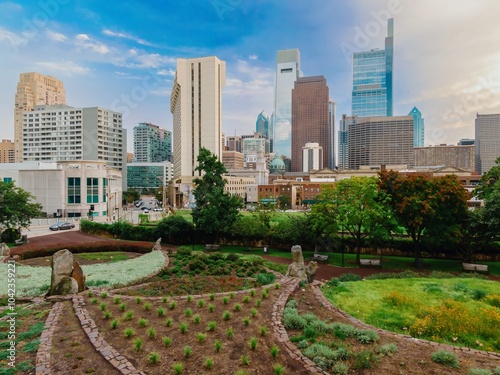 Matthias Baldwin Park with a view of the city skyline buildings of Philadelphia, Pennsylvania, United States.