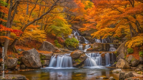 A serene autumn waterfall in Korea, surrounded by vibrant foliage and a tranquil river flowing through the forest