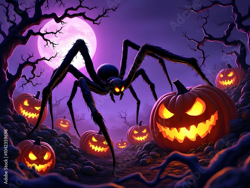 Halloween art of a giant black spider in a pumpkin patch under full moon photo