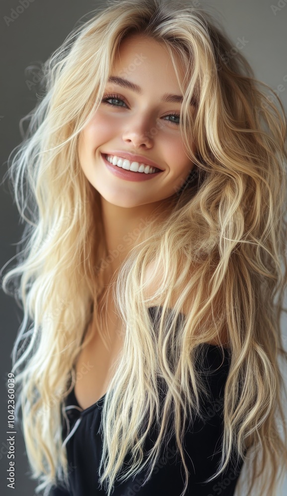 Naklejka premium A beautiful young woman with long blonde hair smiles brightly at the camera.