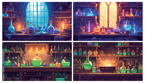 Cartoon fantasy wizards laboratory set. Alchemical or witch room interior with magic glow potions and cauldron vector illustration