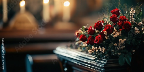 Interior of a Catholic church with a casket funeral service, selective focus