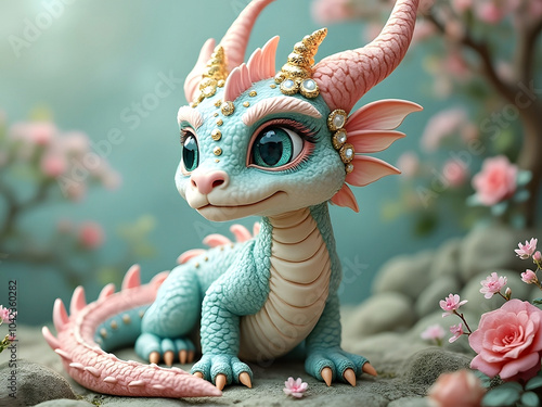 Whimsical artwork of a mystical pink and teal baby dragon adorned with jewelry photo