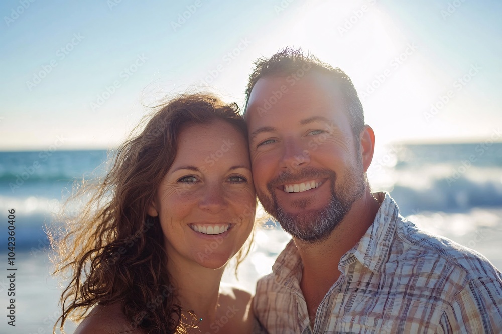 Portrait of a couple at the beach, playful expressions, ocean background, bright sunlight, wide shot, front angle 6 Portrait of a couple at the beach, playful expressions, ocean background, bright sunlight, wide shot, front angle 6