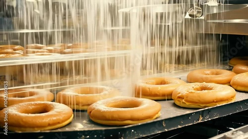 Hundreds fresh ring doughnuts glazed continuous stream liquid sugar delightful transformation freshly baked treats professional kitchen captured 4K cinematic 24fps donut glaze glazing junk photo