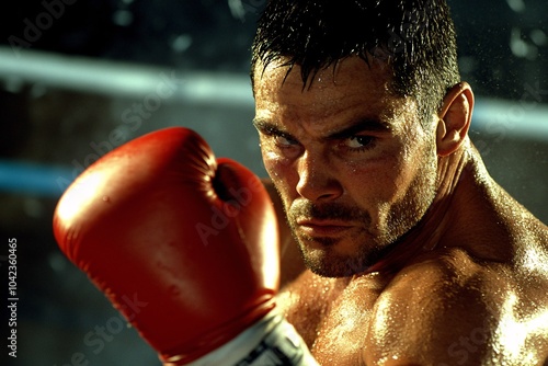 Portrait of a boxer mid-punch in a ring, focused expression, gym lighting, close-up shot, side angle 2