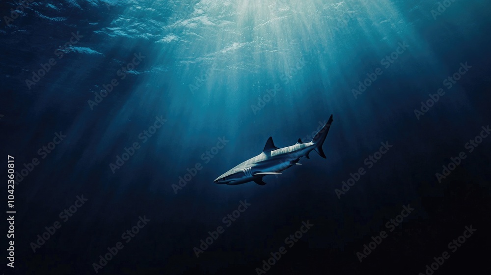 A solitary blue shark swimming effortlessly in the open ocean A solitary blue shark swimming effortlessly in the open ocean