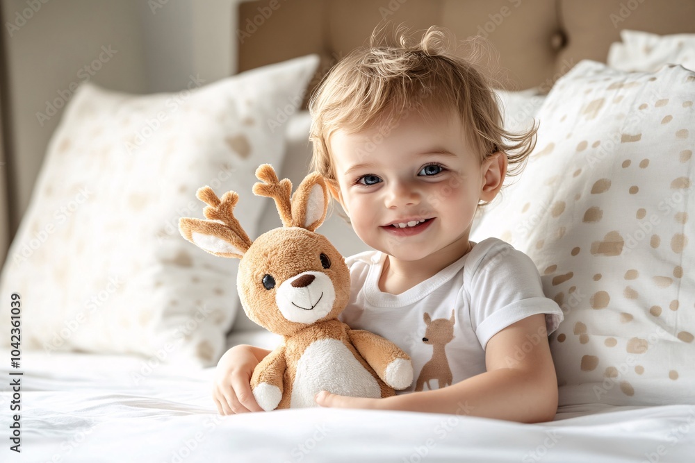 Fototapeta premium Cute toddler holding a deer plush toy, sitting on a bed, morning light, smiling, front angle 2