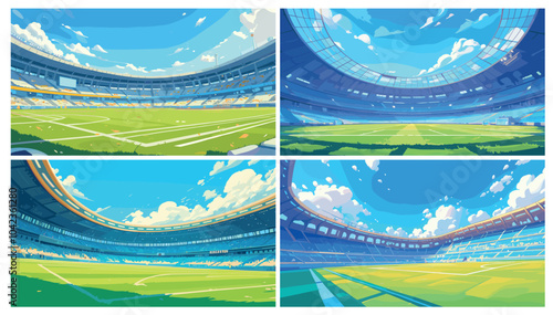 Cartoon football stadium landscape set. Football green field with tribunes for tournaments or championships vector illustration