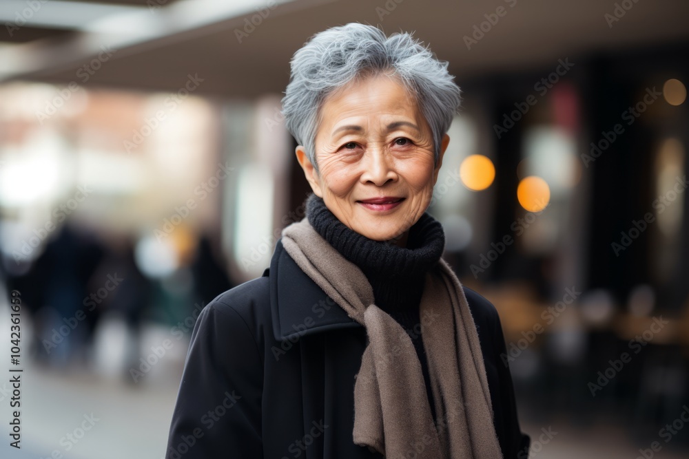 Portrait of happy senior asian woman in black coat and scarf Portrait of happy senior asian woman in black coat and scarf