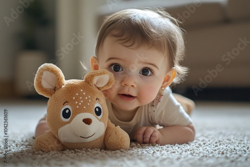 Baby girl with deer plush toy, crawling on the carpet, midday light, curious, front angle 2 photo