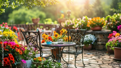 Fototapeta Naklejka Na Ścianę i Meble -  a quiet garden in a Bed and Breakfast, with a small table set for tea, surrounded by blooming flowers and dappled sunlight