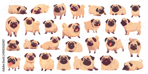 Cartoon funny pug set. Cute dog character puppy in different poses sit stand lay, pet animal vector illustration