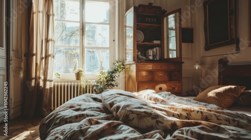 a quiet motel room with vintage decor, simple bed with colorful bedspread