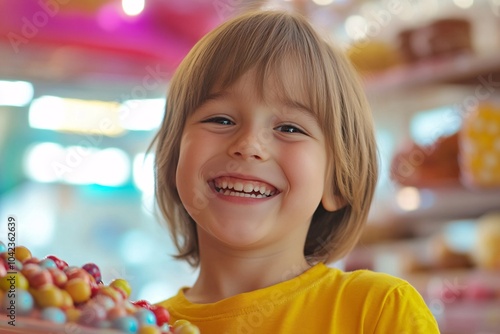 A child with straight hair, smiling widely, holding candy in a bakery, bright decor, morning light, close-up 2