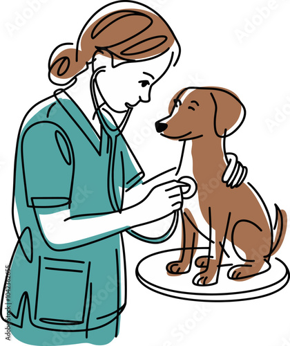 Childlike Line Illustration of a Veterinarian Examining a Dog with a Stethoscope, Vector Illustration On Transparent Background
