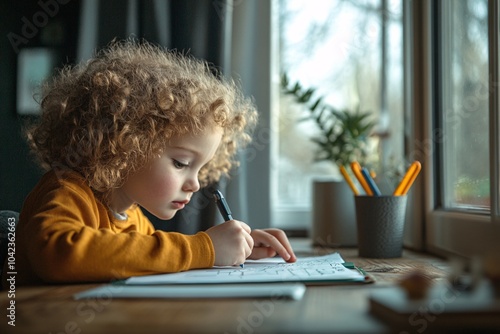 A child with curly hair doing homework at a wooden table, natural light, close-up, side view, detailed 1