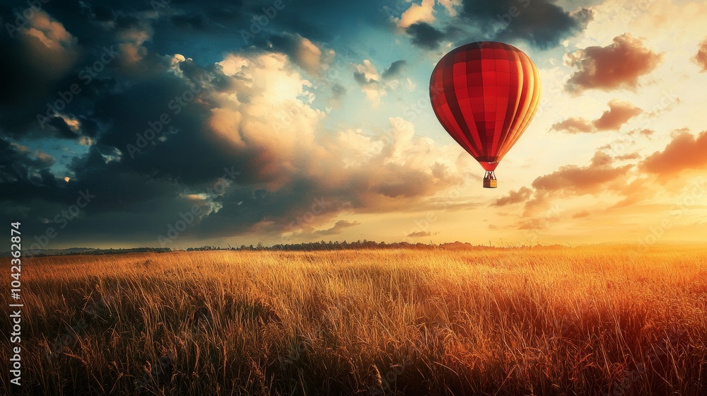 Obraz premium Hot air balloon floating over a golden field at sunset