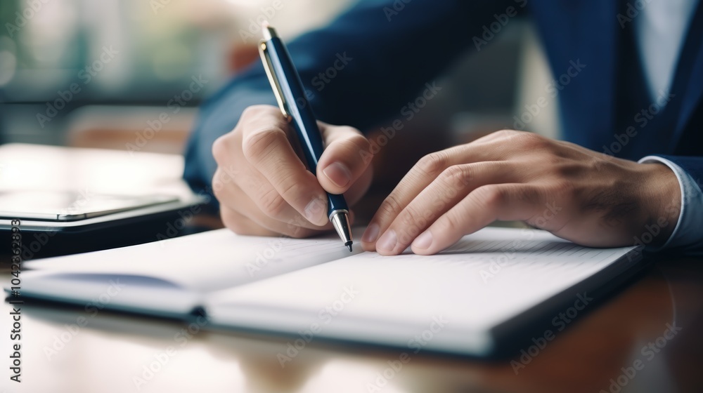 Businessman signs documents with a pen making the signature sitting at the desk Businessman signs documents with a pen making the signature sitting at the desk