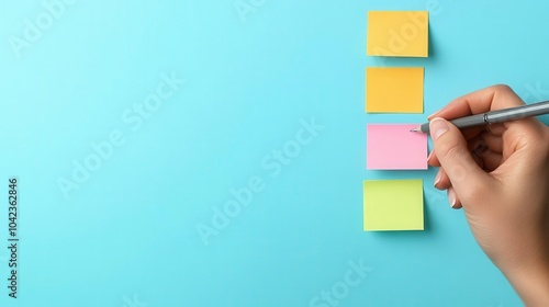 A hand writing down key points on a sticky note during a consulting session, consulting notes, quick business ideas