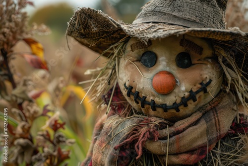 Handmade scarecrow with a stitched smile and patchwork hat in a colorful autumn farm setting. photo