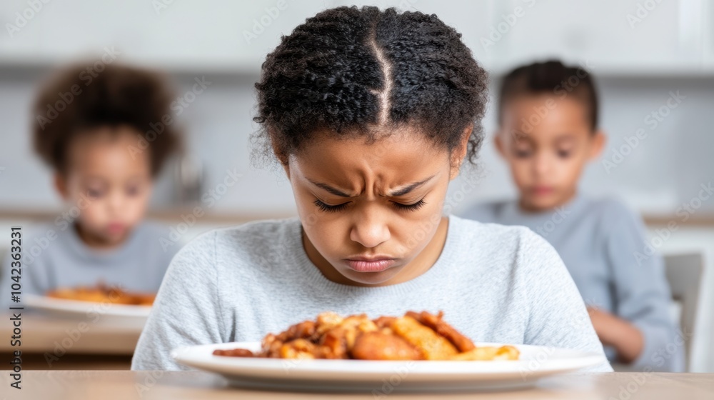 Young girl frowning at her meal, showing displeasure at the dining table, AI Young girl frowning at her meal, showing displeasure at the dining table, AI