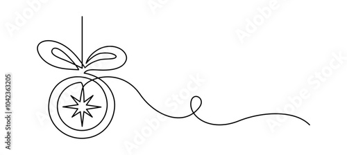 One Continuous line drawing of Christmas ball. Festive christmas tree bauble with ribbon in simple linear style. Editable stroke. Doodle contour vector illustration
