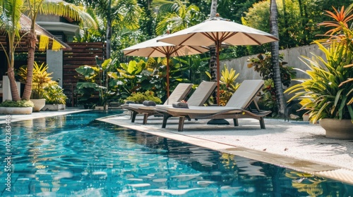 a quiet poolside lounge area, featuring neatly arranged sunbeds and an umbrella, with a clean blue pool