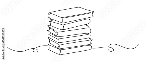 Stack books in One continuous line drawing. Education in school and library studying in simple linear style.Writing draft business in Editable stroke. Doodle oneline vector illustration