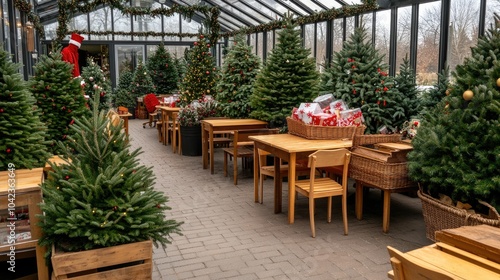 A vibrant Christmas tree market showcases decorated trees and festive decorations in a welcoming greenhouse setting