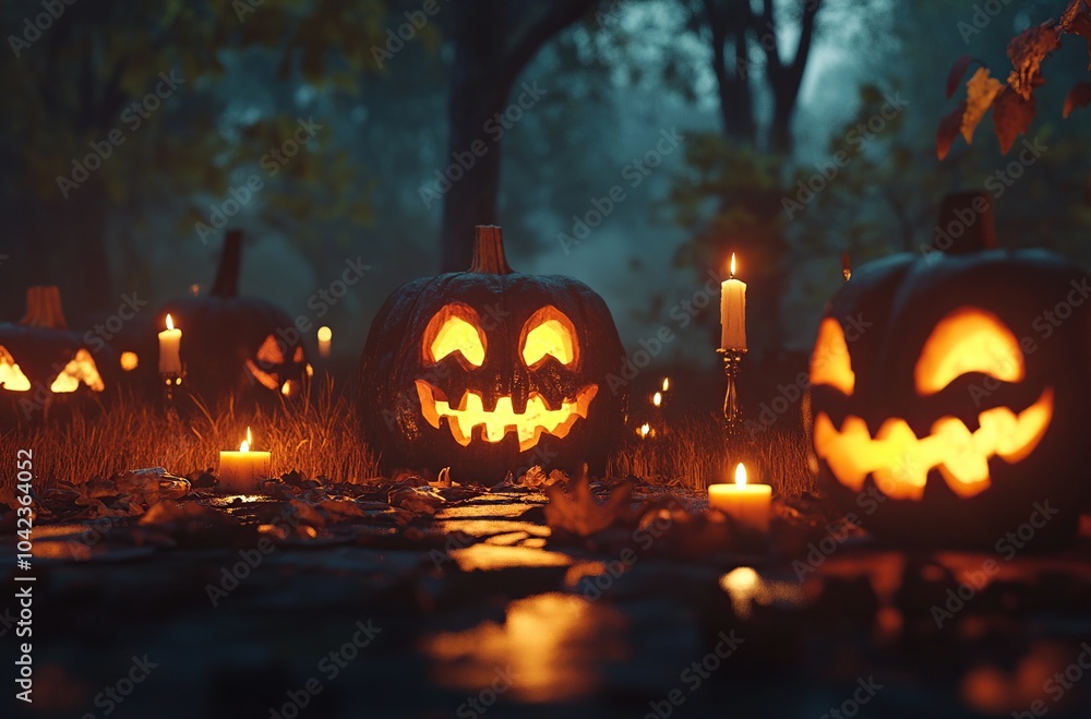 Halloween pumpkin head jack lanterns in cemetery at night. Halloween background Halloween pumpkin head jack lanterns in cemetery at night. Halloween background