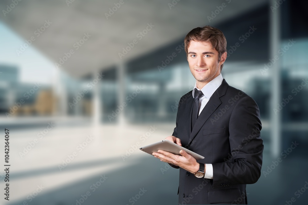 Young businessman posing outdoor at office building. Young businessman posing outdoor at office building.