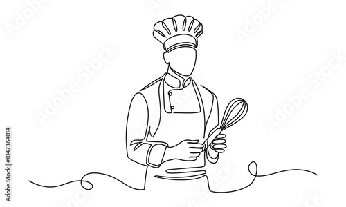 Male chef in one continuous line drawing. Cook in uniform working in kitchen in simple linear style. Symbol of food and restaurant in editable stroke. Doodle outline vector illustration
