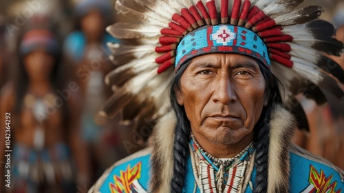 A Native American chief standing proudly in front of his tribe, with wisdom in his gaze