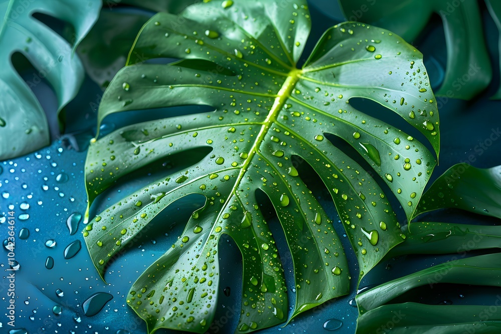 Fototapeta premium A green leaf sitting on top of a blue surface