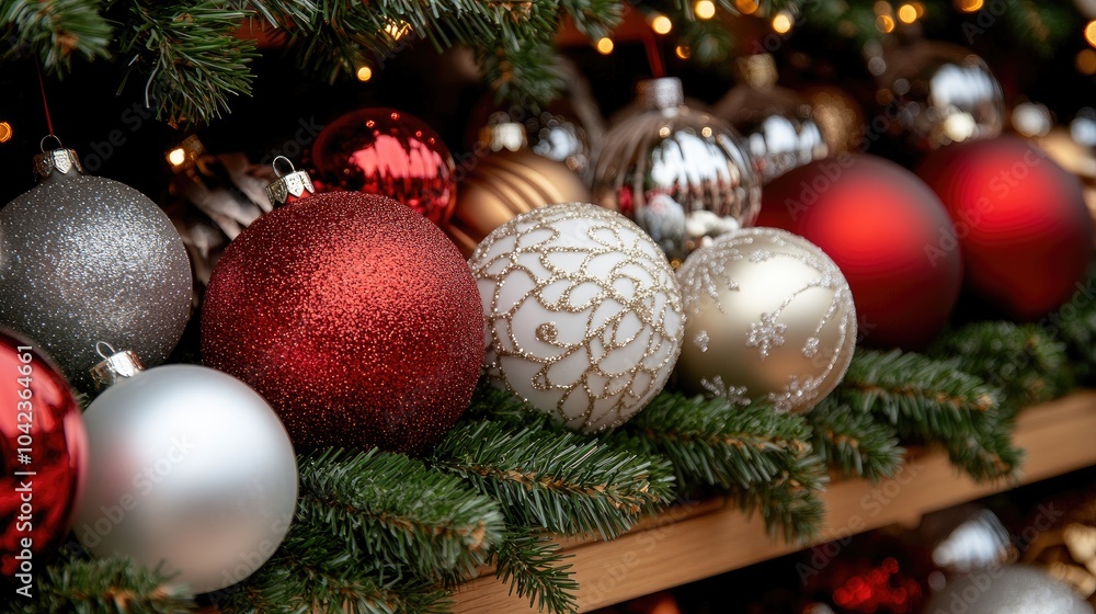 A bustling holiday market showcases an array of colorful glass Christmas balls neatly arranged in decorative baskets