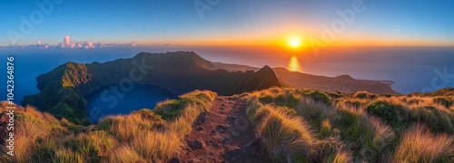 A breathtaking panoramic view of a mountain range with a lake in the foreground, as the sun sets over the horizon, casting a golden glow on the landscape.