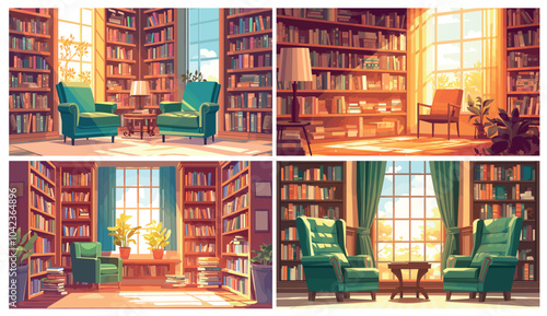 Cartoon library interior set. Room with bookshelves bookcase book storage armchairs, education learning vector illustration