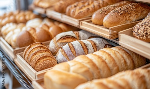 craft various bread in bakery on shelves, food background photo