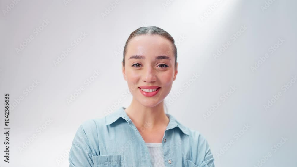 Portrait of beautiful Caucasian woman standing in front of white wall. Wearing blue stylish shirt while posing to camera. Young girl with natural makeup cheerfully smiling. Expressing good feelings. Portrait of beautiful Caucasian woman standing in front of white wall. Wearing blue stylish shirt while posing to camera. Young girl with natural makeup cheerfully smiling. Expressing good feelings.