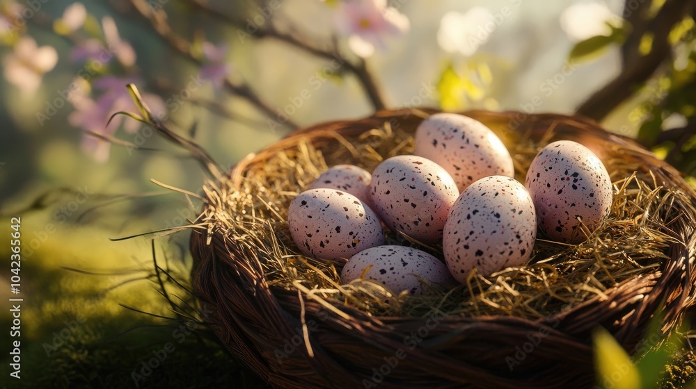 A close-up of a basket full of Easter eggs nestled in soft straw, with a background of spring greenery A close-up of a basket full of Easter eggs nestled in soft straw, with a background of spring greenery