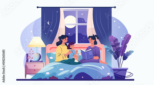 Family bedtime story mother child reading cozy bedroom night scene moonlight plants