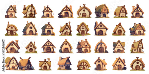 Cartoon medieval houses set. Old village hut with thatched roof, peasant household buildings, farm shelter vector illustration