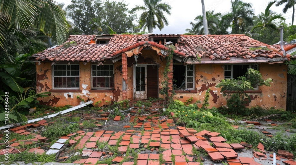 Obraz premium a residential home with severe roof damage from a hurricane, large sections of the roof missing, with broken tile